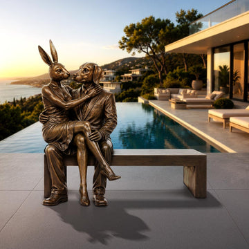 Rabbitwoman and Dogman Saved You a Seat, Sharing a Little Love (Bronze Sculpture)