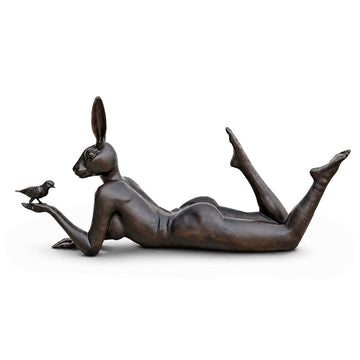 Rabbitwoman Thought a Bird in the Hand Is Always Much Better (Bronze Sculpture, Mid-Size)