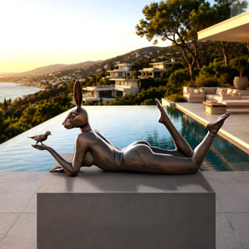 Rabbitwoman Thought a Bird in the Hand Is Always Much Better (Bronze Sculpture, Mid-Size)