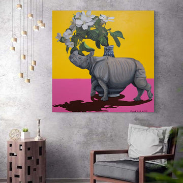 Rhino and Flowers, white (Original Painting)