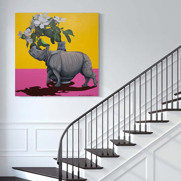 Rhino and Flowers, white (Original Painting)