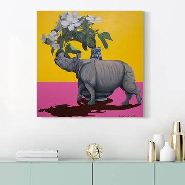 Rhino and Flowers, white (Original Painting)