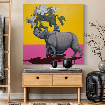 Rhino and Flowers, white (Original Painting)