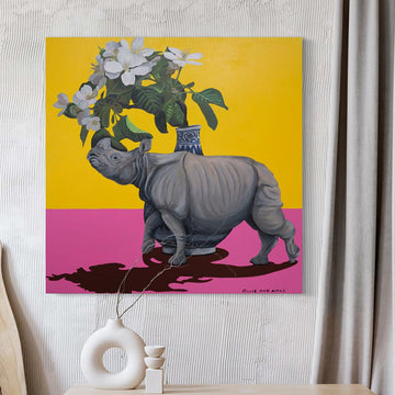Rhino and Flowers, white (Original Painting)