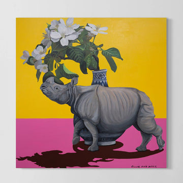 Rhino and Flowers, white (Original Painting)