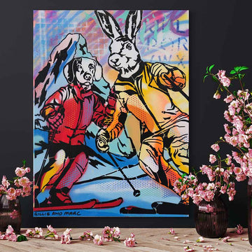 Ski Lovers Race Downhill (Original Painting)