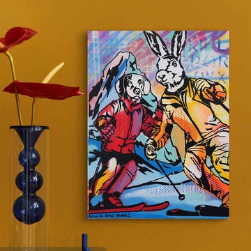 Ski Lovers Race Downhill (Original Painting)