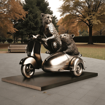 The Amur Leopard and Hairy Nosed Wombat Race in the Vespa Side Car (Bronze Sculpture)