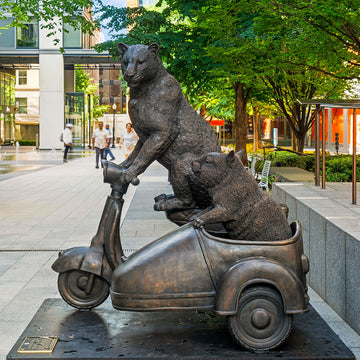 The Amur Leopard and Hairy Nosed Wombat Race in the Vespa Side Car (Bronze Sculpture)