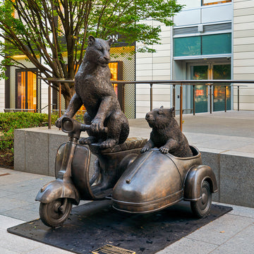 The Amur Leopard and Hairy Nosed Wombat Race in the Vespa Side Car (Bronze Sculpture)