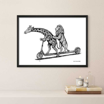 The Masai Giraffe and Lion Race on the Scooter (Giclee Canvas Print)