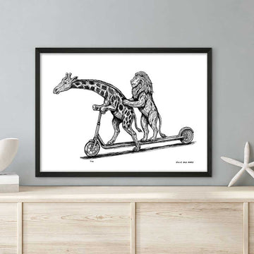 The Masai Giraffe and Lion Race on the Scooter (Giclee Canvas Print)