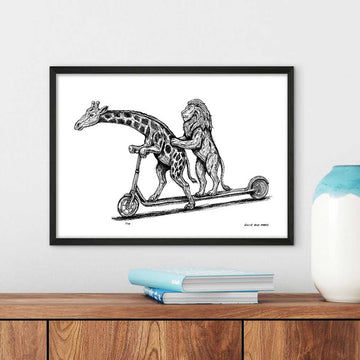 The Masai Giraffe and Lion Race on the Scooter (Giclee Canvas Print)