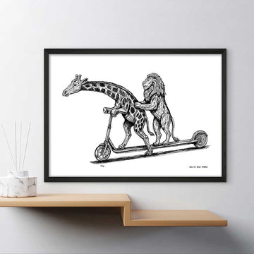 The Masai Giraffe and Lion Race on the Scooter (Giclee Canvas Print)