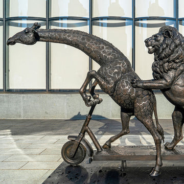 The Masai Giraffe and Lion Race on the Scooter (Bronze Sculpture)