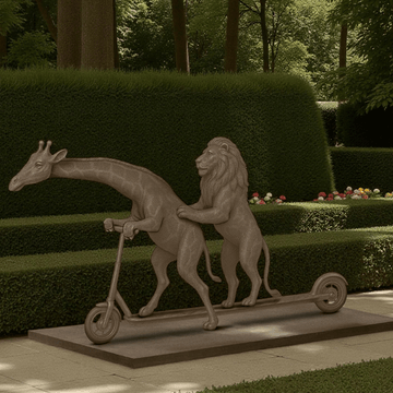 The Masai Giraffe and Lion Race on the Scooter (Bronze Sculpture)