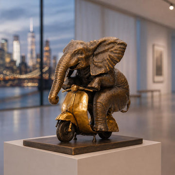 The African Elephant Races Against Time on the Vespa (Bronze Sculpture, Small)