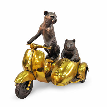 The Cheetah and Hairy Nosed Wombat Race Against Time in the Vespa Side Car (Bronze Sculpture, Small)