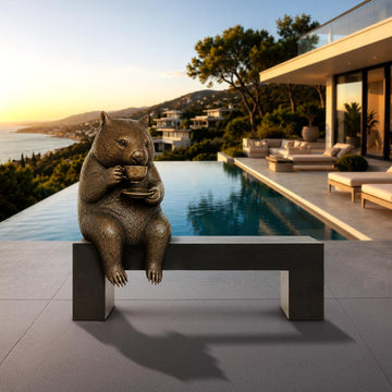 Wombat Saved You a Seat, Enjoying a Perfect Cup of Tea (Bronze Sculpture)