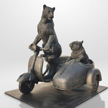 The Amur Leopard and Hairy Nosed Wombat Race in the Vespa Side Car (Bronze Sculpture)