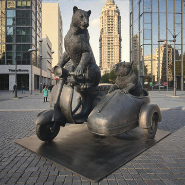 The Amur Leopard and Hairy Nosed Wombat Race in the Vespa Side Car (Bronze Sculpture)