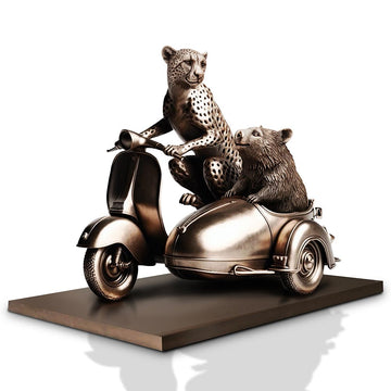 The Amur Leopard and Hairy Nosed Wombat Race in the Vespa Side Car (Bronze Sculpture)