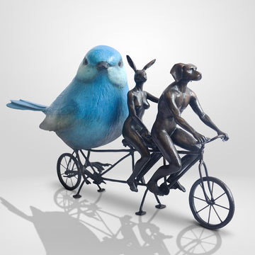 Rabbitwoman and Dogman are Bird Lovers on a Ride (Bronze Sculpture, Miniature Collection)