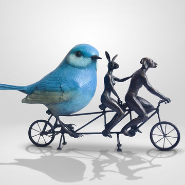 Rabbitwoman and Dogman are Bird Lovers on a Ride (Bronze Sculpture, Miniature Collection)