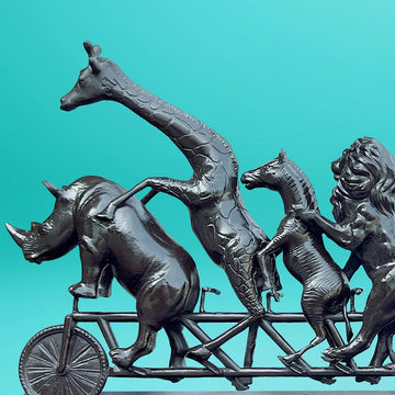 Dogman with Rabbitwoman on a Big Wild Ride (Bronze Sculpture)