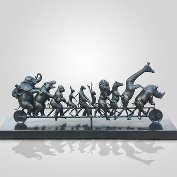 Dogman with Rabbitwoman on a the Biggest Ride of All (Bronze Sculpture)