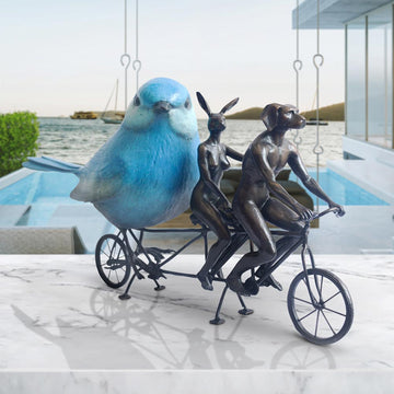 Rabbitwoman and Dogman are Bird Lovers on a Ride (Bronze Sculpture, Miniature Collection)