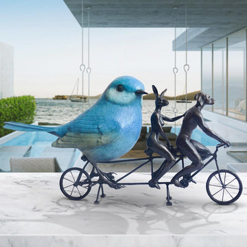 Rabbitwoman and Dogman are Bird Lovers on a Ride (Bronze Sculpture, Miniature Collection)