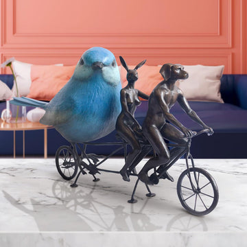 Rabbitwoman and Dogman are Bird Lovers on a Ride (Bronze Sculpture, Miniature Collection)