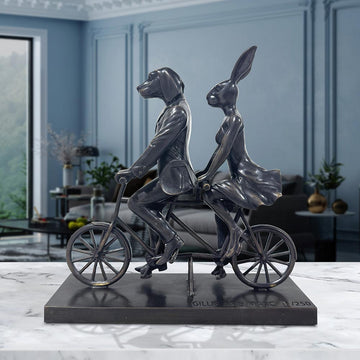 Rabbitwoman and Dogman Go Around the World with Love (Bronze Sculpture, Miniature Collection)