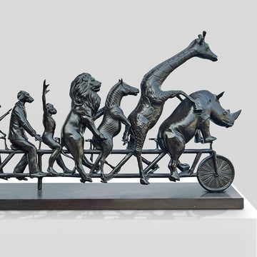 Dogman with Rabbitwoman on a Big Wild Ride (Bronze Sculpture)