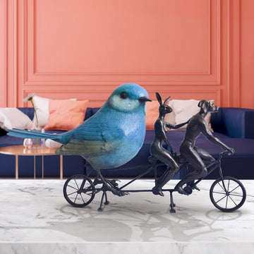Rabbitwoman and Dogman are Bird Lovers on a Ride (Bronze Sculpture, Miniature Collection)