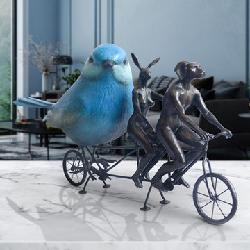 Rabbitwoman and Dogman are Bird Lovers on a Ride (Bronze Sculpture, Miniature Collection)