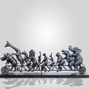 Dogman with Rabbitwoman on a Big Wild Ride (Bronze Sculpture)