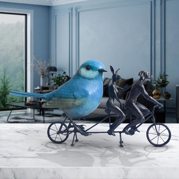 Rabbitwoman and Dogman are Bird Lovers on a Ride (Bronze Sculpture, Miniature Collection)