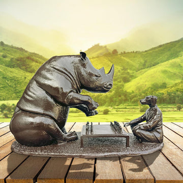 The White Rhino with Dogman Planned Their Next Move (Bronze Sculpture)
