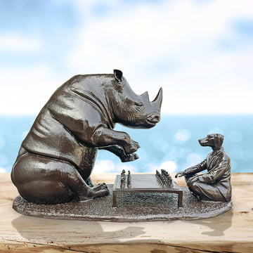 The White Rhino with Dogman Planned Their Next Move (Bronze Sculpture)