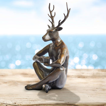 The Deerman Loves His Flat White (Bronze Sculpture, Miniature)