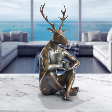 The Deerman Loves His Flat White (Bronze Sculpture, Miniature)