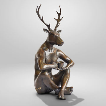 The Deerman Loves His Flat White (Bronze Sculpture, Miniature)