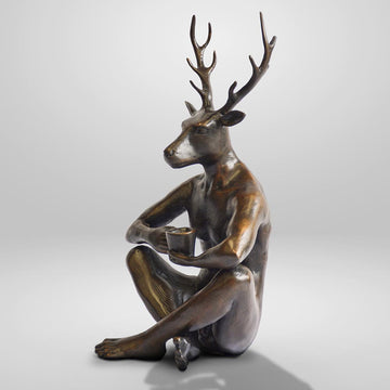 The Deerman Loves His Flat White (Bronze Sculpture, Miniature)