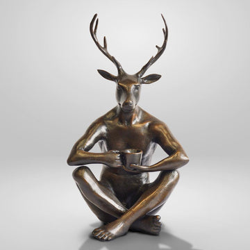 The Deerman Loves His Flat White (Bronze Sculpture, Miniature)