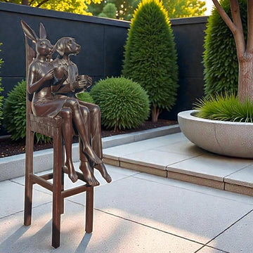 Rabbitwoman and Dogman Above It All, Savoring a Morning Brew (Bronze Sculpture, Mid-Size)