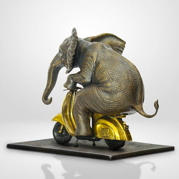 The African Elephant Races Against Time on the Vespa (Bronze Sculpture, Small)