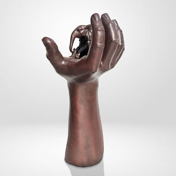 An Elephant up High in a Hand (Bronze Sculpture)