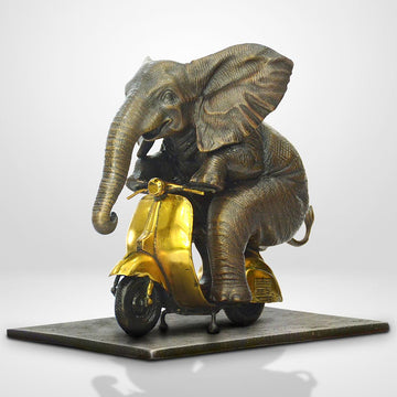 The African Elephant Races Against Time on the Vespa (Bronze Sculpture, Small)